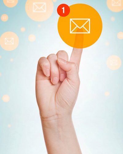 Checking E-mail Inbox, caucasian female hand pushing e-mail icon on virtual display.